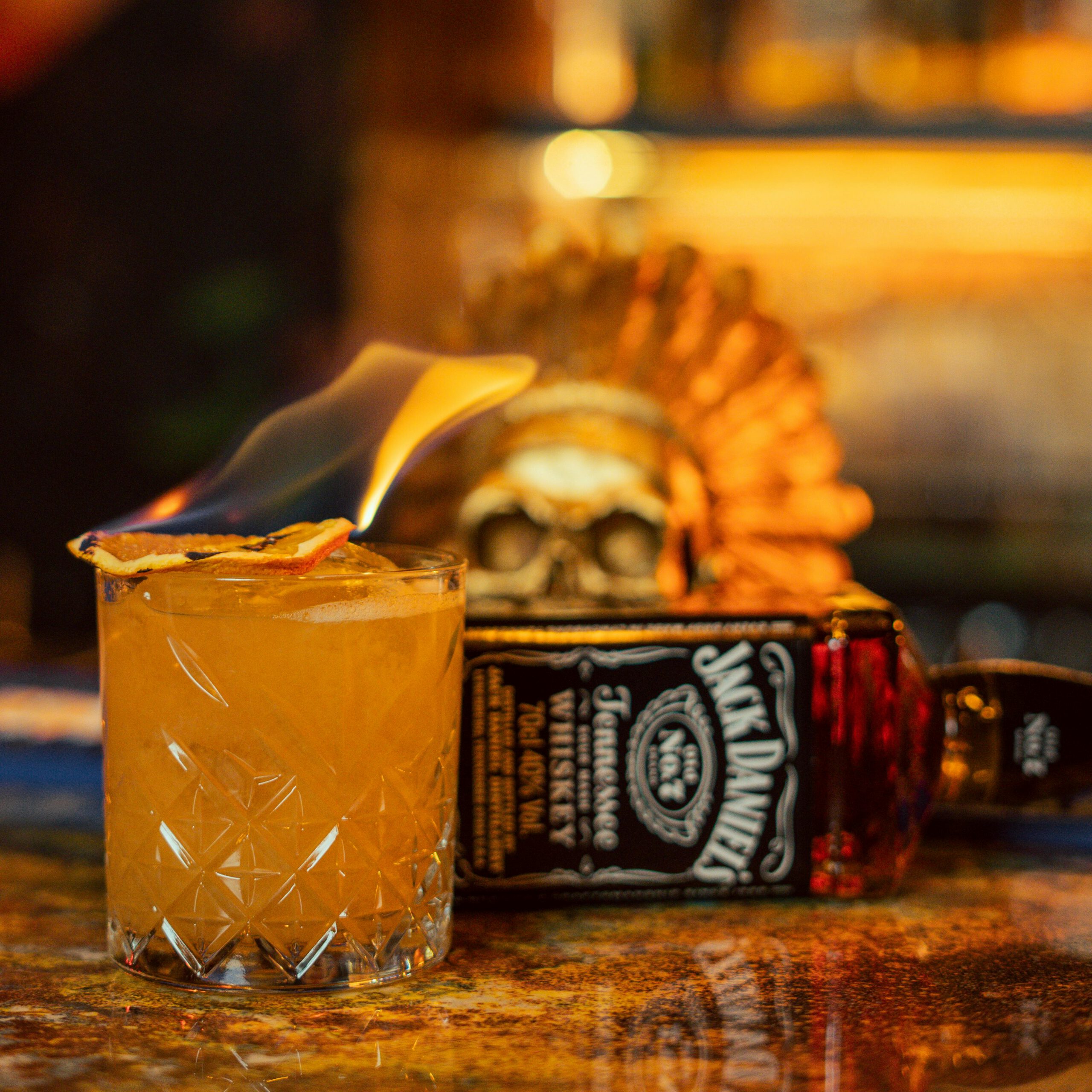 A vibrant flaming cocktail with Jack Daniels at a bar in Erbil, Iraq.